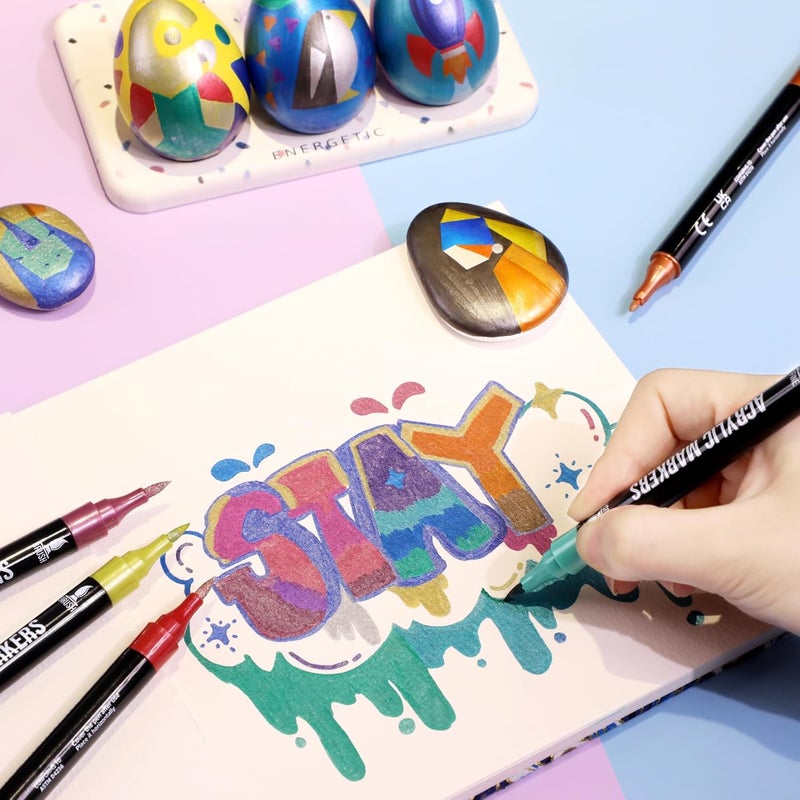 Pagather 24 Metallic Colors Acrylic Paint Markers, Dual Tip with Fine Tip and Brush Tip Pens for Stone, Wood, Calligraphy, Canvas, Ceramic, Metal, Glass, Rock Painting, DIY Crafts - Image 5